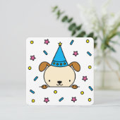 誕生日パーティーの犬のイラストに紙吹雪を振りまく 招待状 (スタンド正面)