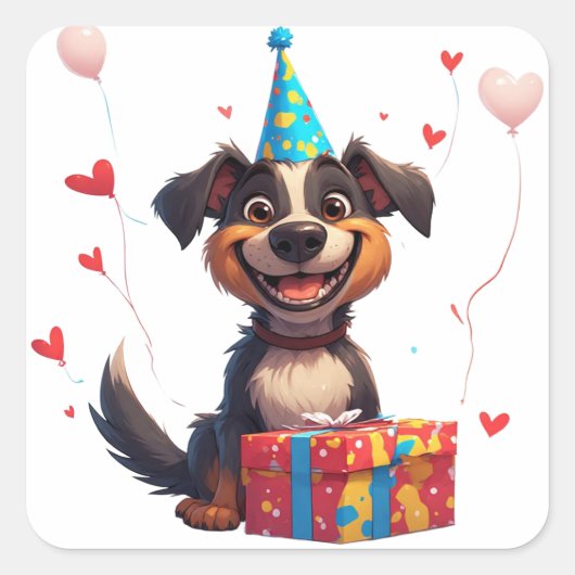 誕生日パーティーの犬 ケーキ帽子とプレゼント スクエアシール (正面)