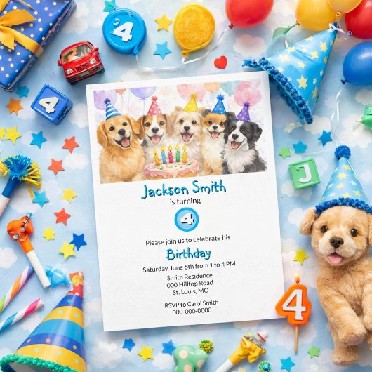 誕生日パーティーの犬 水彩 男の子  招待状