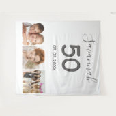 誕生日パーティーの白い写真コラージュと名前 タペストリー (正面(横))