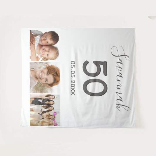 誕生日パーティーの白い写真コラージュと名前 タペストリー (正面(横))