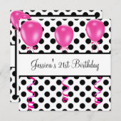 誕生日パーティーの白黒スポットピンクバルーン 招待状 (正面/裏面)