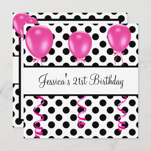 誕生日パーティーの白黒スポットピンクバルーン 招待状 (正面/裏面)