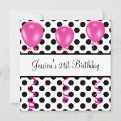 誕生日パーティーの白黒スポットピンクバルーン 招待状 (正面)