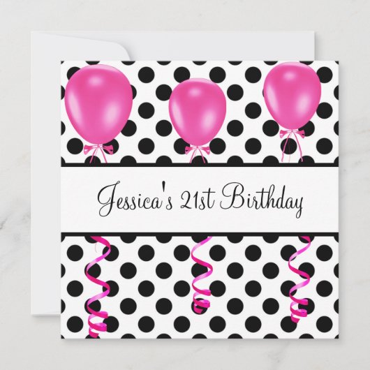 誕生日パーティーの白黒スポットピンクバルーン 招待状 (正面)