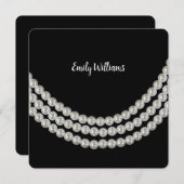 誕生日パーティーの真珠の文字列の黒 招待状 (正面/裏面)