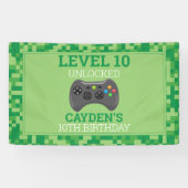 誕生日パーティーの緑のピクセル上のビデオゲーム 横断幕 (横)