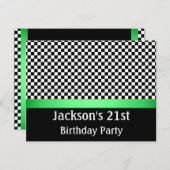 誕生日パーティーの緑の白黒チェックパターン 招待状 (正面/裏面)