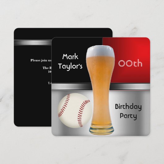誕生日パーティーの赤いビールと野球のボール 男性 招待状 (正面/裏面)