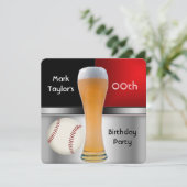 誕生日パーティーの赤いビールと野球のボール 男性 招待状 (スタンド正面)