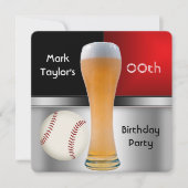 誕生日パーティーの赤いビールと野球のボール 男性 招待状 (正面)