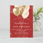 誕生日パーティーの赤と金のグリッター風船 招待状 (スタンド正面)