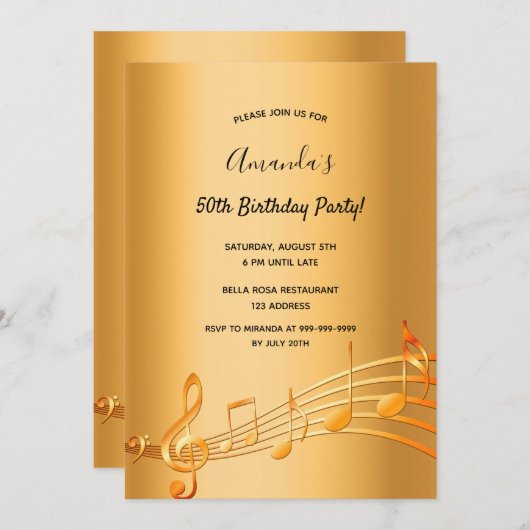 誕生日パーティーの金ゴールド音楽ノート魅惑的な 招待状 (正面/裏面)