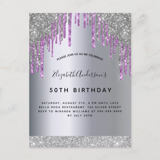 誕生日パーティーの銀と紫の輝き ポストカード (正面)