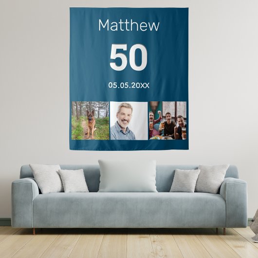 誕生日パーティーの青い写真の名前の男性 タペストリー