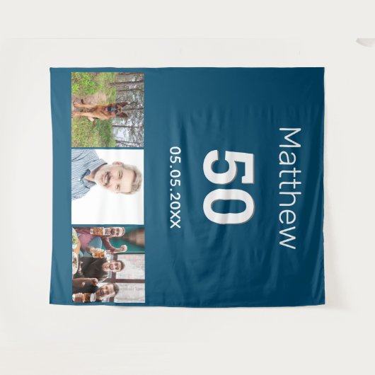 誕生日パーティーの青い写真の名前の男性 タペストリー (正面(横))