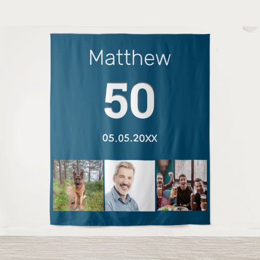 誕生日パーティーの青い写真の名前の男性 タペストリー (正面)