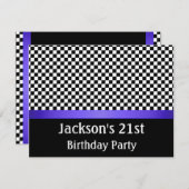 誕生日パーティーの青と白のチェックパターン 招待状 (正面/裏面)