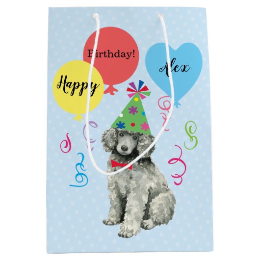 誕生日パーティーの風船がプードル ミディアムペーパーバッグ (正面)