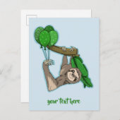 誕生日パーティーの風船でかわいいナマケモノ インビテーションポストカード (正面/裏面)