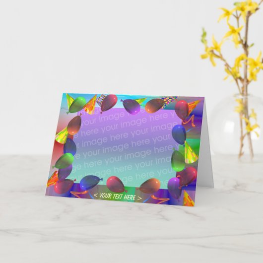 誕生日パーティーの風船と帽子(写真立て) カード (黄色い花)