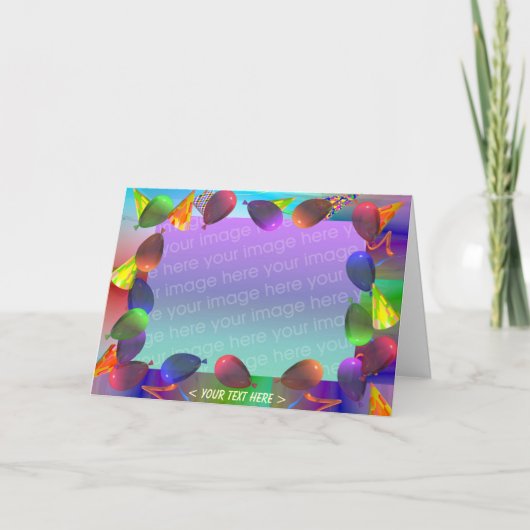 誕生日パーティーの風船と帽子(写真立て) カード (正面)