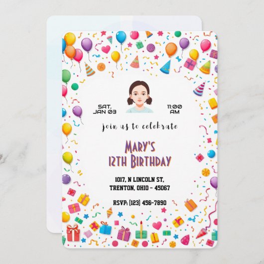 誕生日パーティーの風船と贈り物パーソナライズされた 招待状 (正面/裏面)