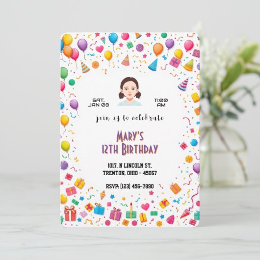 誕生日パーティーの風船と贈り物パーソナライズされた 招待状 (スタンド正面)