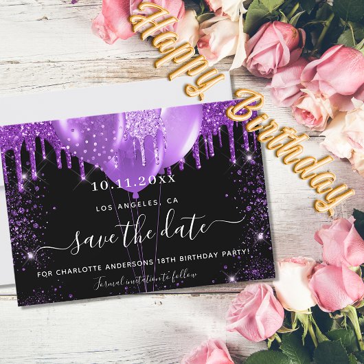 誕生日パーティーの黒い紫のバルーンは日付を保存 セーブザデート