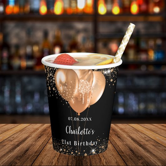 誕生日パーティーの黒い金ゴールドバルーン名 紙コップ