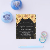 誕生日パーティーの黒い金ゴールドフローラ予算の招待 チラシ (シングル)