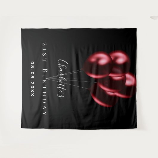 誕生日パーティーの黒と赤の風船 名前 タペストリー (正面(横))