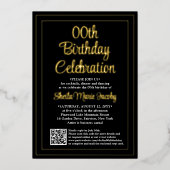 誕生日パーティーのQRコードと写真 黒と本物の箔 箔招待状 (正面)