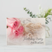 誕生日パーティーへのバラと真珠の招待 招待状 (スタンド正面)