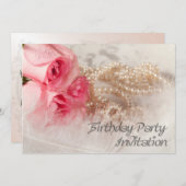 誕生日パーティーへのバラと真珠の招待 招待状 (正面/裏面)