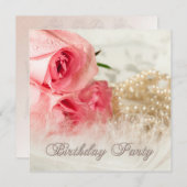 誕生日パーティーへのバラと真珠の招待 招待状 (正面/裏面)