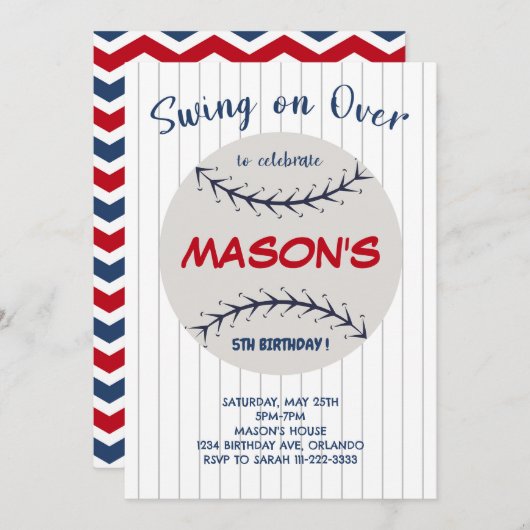誕生日パーティーへの招待で野球のブランコ 招待状 (正面/裏面)