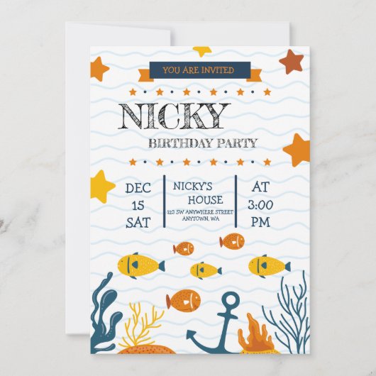 誕生日パーティーへの魚釣り愛好家への招待 案内状 (正面)