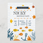 誕生日パーティーへの魚釣り愛好家への招待 案内状 (正面/裏面)