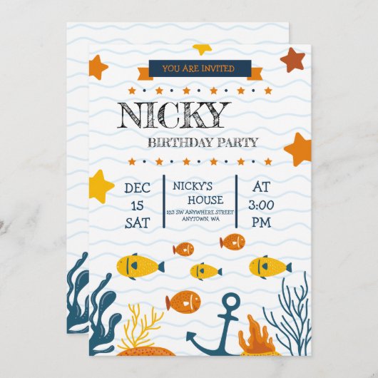 誕生日パーティーへの魚釣り愛好家への招待 案内状 (正面/裏面)