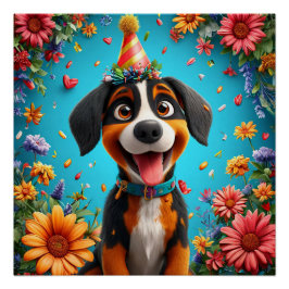 誕生日パーティーを祝う愛らしい犬 ポスター