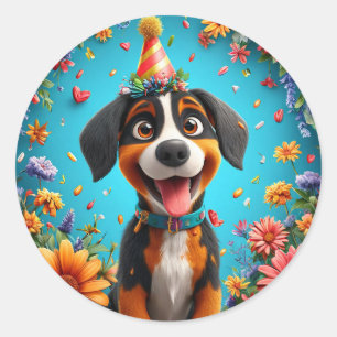 誕生日パーティーを祝う愛らしい犬 ラウンドシール