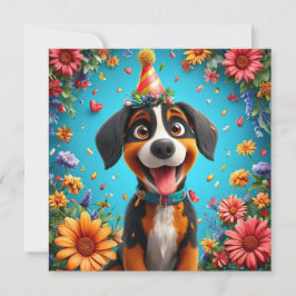 誕生日パーティーを祝う愛らしい犬 招待状