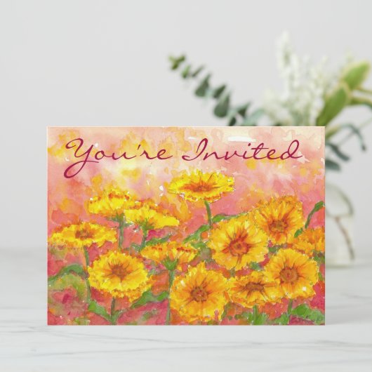 誕生日パーティーイエローマリゴールド水彩花 招待状 (スタンド正面)
