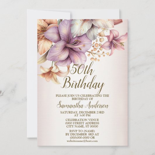 誕生日パーティーウォーターカラーボホピンクエレガント花 招待状 (正面)