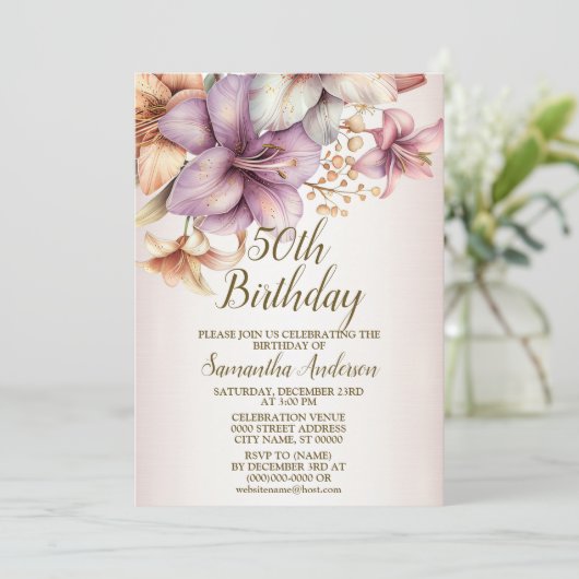 誕生日パーティーウォーターカラーボホピンクエレガント花 招待状 (スタンド正面)