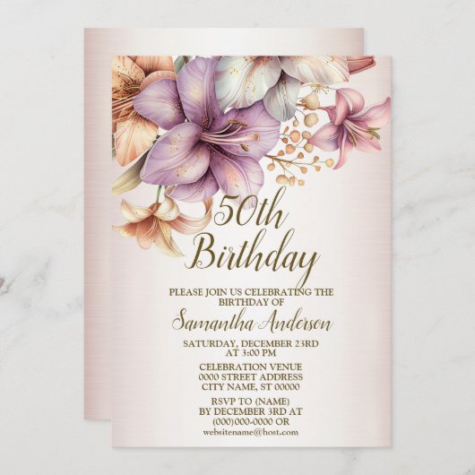 誕生日パーティーウォーターカラーボホピンクエレガント花 招待状 (正面/裏面)