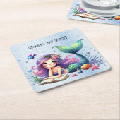 誕生日パーティーウォーターカラーマーメイドシーライフかわいい スクエアペーパーコースター (アングル)