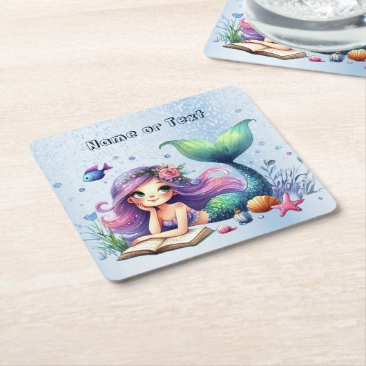 誕生日パーティーウォーターカラーマーメイドシーライフかわいい スクエアペーパーコースター (アングル)