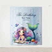 誕生日パーティーウォーターカラーマーメイドシーライフかわいい タペストリー (正面)